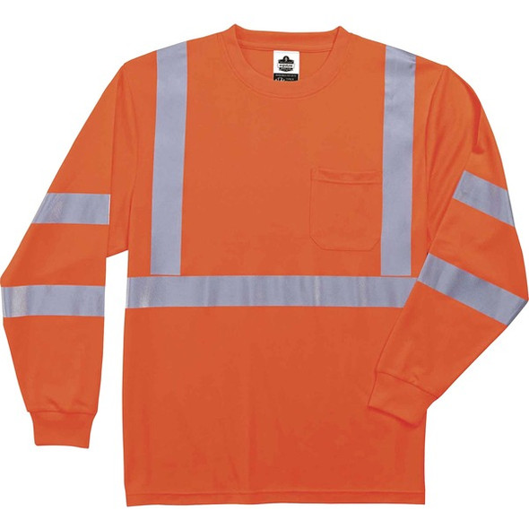 GloWear 8391 Type R Class 3 Long Sleeve T-Shirt - Large Size - Polyester - Orange - Breathable, Moisture Resistant, UV Resistant, Reflective, Heat Resistant, Chest Pocket - 1 Each