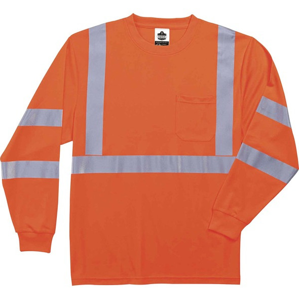 GloWear 8391 Type R Class 3 Long Sleeve T-Shirt - 2-Xtra Large Size - Polyester - Orange - Breathable, Moisture Resistant, UV Resistant, Reflective, Heat Resistant, Chest Pocket - 1 Each
