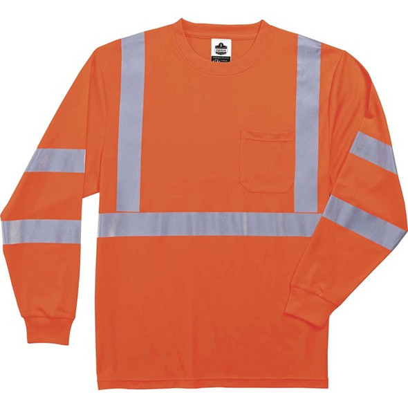 GloWear 8391 Type R Class 3 Long Sleeve T-Shirt - 3-Xtra Large Size - Polyester - Orange - Breathable, Moisture Resistant, UV Resistant, Reflective, Heat Resistant, Chest Pocket - 1 Each