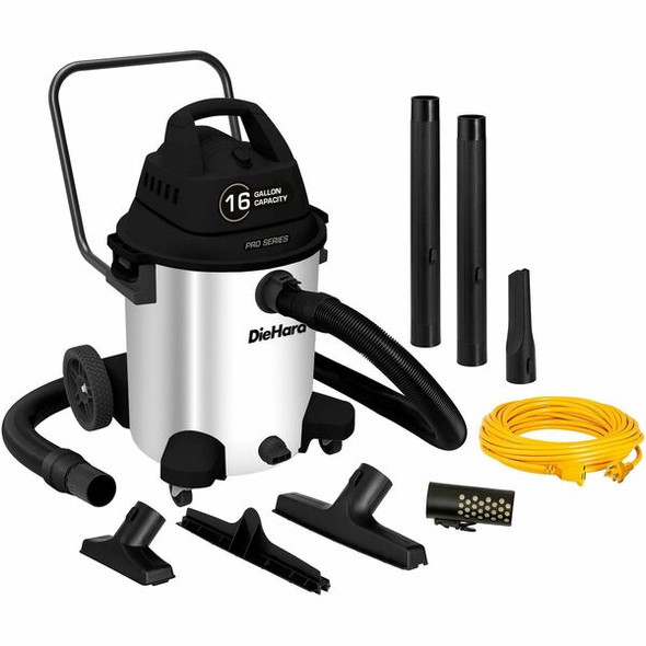 DieHard 16-Gallon 6.5 HP Pro Series Wet/Dry Vacuum - 4847.05 W Motor - 16 gal - Wand, Filter, Crevice Tool, Pick-up Tool, Floor Tool - Wet Surface, Dry Surface - 20 ft Cable Length - 84" Hose Length - Rich Black