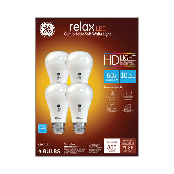 LED Relax LED Light Bulb, A19 Bulb, Dimmable, 10.5 W, Daylight, 4/Pack