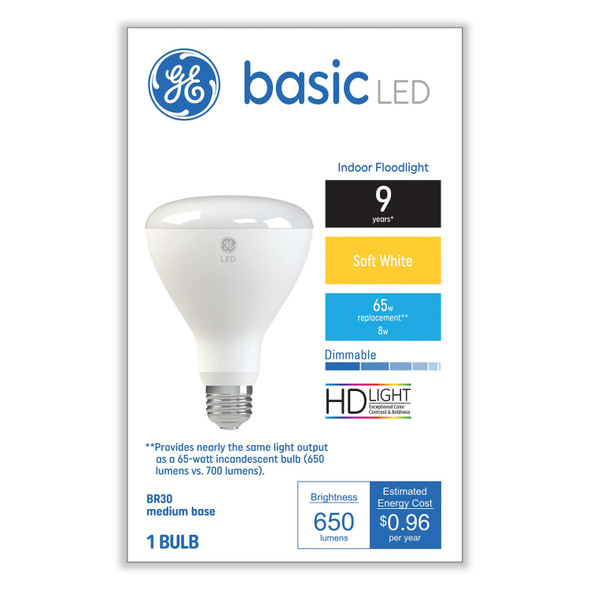 Basic LED Dimmable Indoor Flood Light Bulbs, BR30, 8 W, Soft White