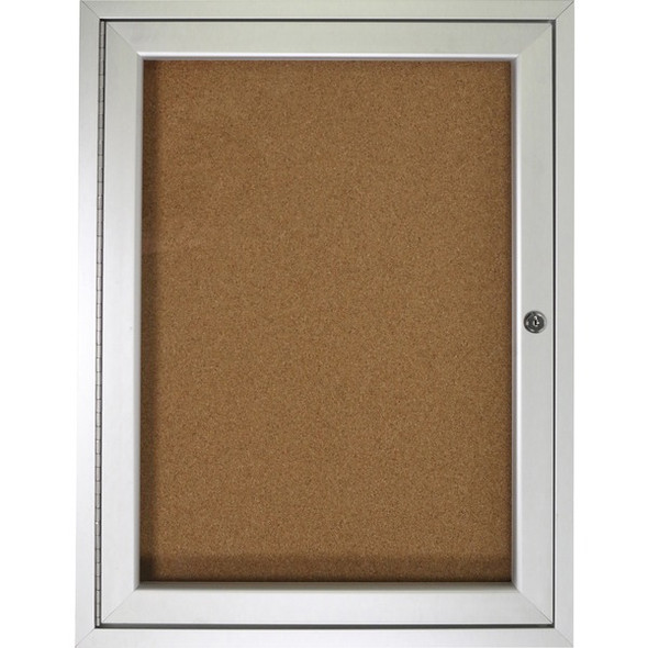 Ghent 1 Door Enclosed Natural Cork Bulletin Board with Satin Frame - 36" Height x 30" Width - Natural Cork Surface - Locking Door, Self-healing, Illuminated, Tamper Proof - Satin Aluminum Frame - 1 Each - TAA Compliant