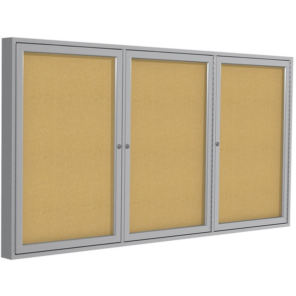 Ghent 3-Door Enclosed Indoor Bulletin Board - 36" Height x 72" Width - Cork Surface - Shatter Resistant, Self-healing - Satin Aluminum Frame - 1 Each