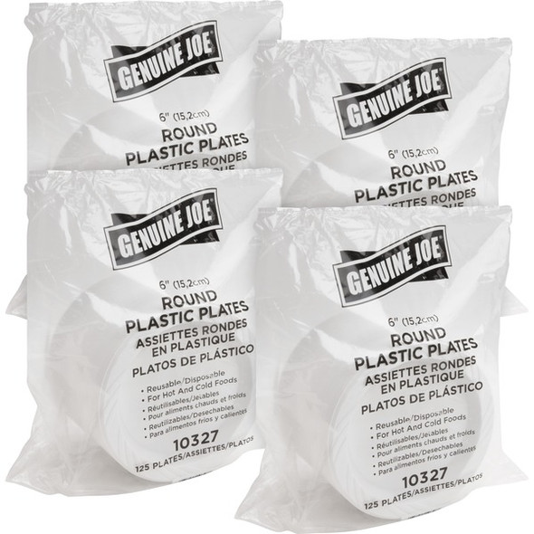 Genuine Joe 6" Round Plastic Plates - 125 / Pack - Disposable - White - Plastic Body - 4 / Bundle
