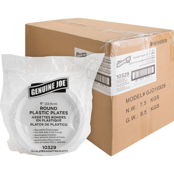Genuine Joe 9" Reusable Plastic Plates - 125 / Pack - Serving - Disposable - White - Plastic Body - 4 / Carton