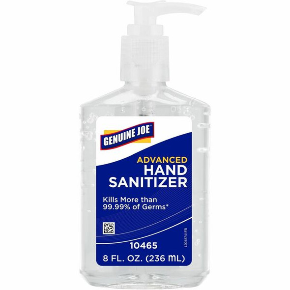 Genuine Joe Hand Sanitizer Gel - Neutral Scent - 8 fl oz (236.6 mL) - Pump Bottle Dispenser - Kill Germs - Hand - Moisturizing - Clear - 12 / Carton