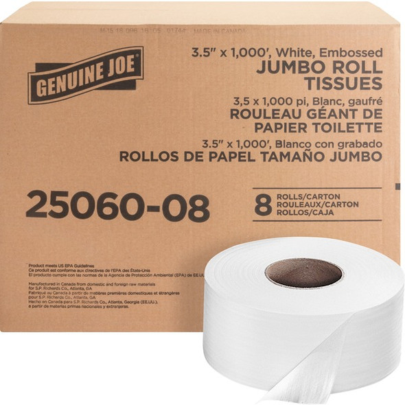 Genuine Joe Jumbo Dispenser Roll Bath Tissue - 2 Ply - 3.50" x 1000 ft - 9" Roll Diameter - 3.30" Core - White - Nonperforated, Fragrance-free, Embossed, Unscented - For Restroom, Washroom, Toilet - 8 / Carton