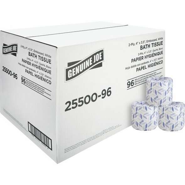 Genuine Joe 2-ply Standard Bath Tissue Rolls - 2 Ply - 4" x 3.20" - 500 Sheets/Roll - 1.63" Core - White - Perforated, Absorbent, Soft - 96 / Carton