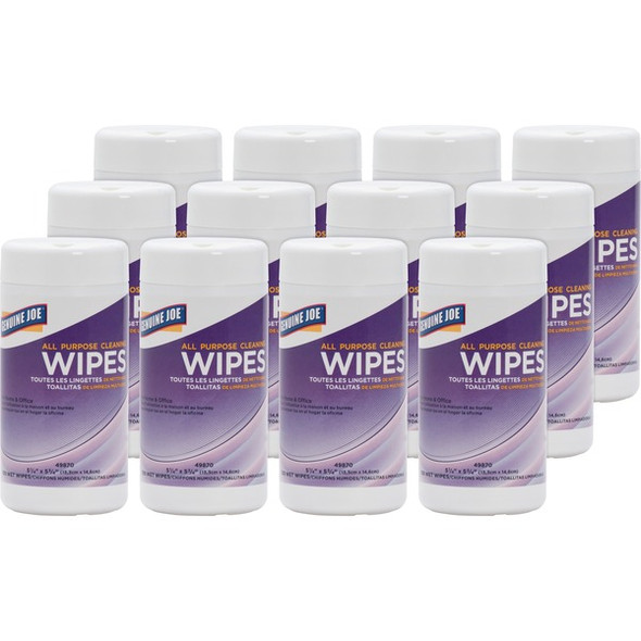 Genuine Joe All Purpose Cleaning Wipes - 5.88" Length x 5.13" Width - 100 / Canister - 12 / Carton - Pre-moistened, Non-abrasive, Non-toxic - Multi