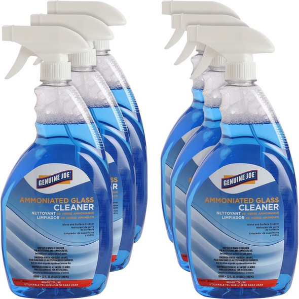 Genuine Joe Ammoniated Glass Cleaner - For Hard Surface - Ready-To-Use - 32 fl oz (1 quart) - 6 / Carton - Blue