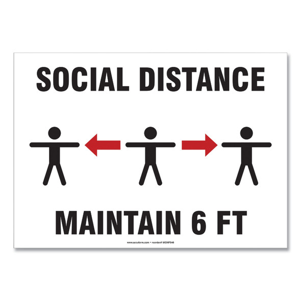 Social Distance Signs, Wall, 10 x 7, "Social Distance Maintain 6 ft", 3 Humans/Arrows, White, 10/Pack