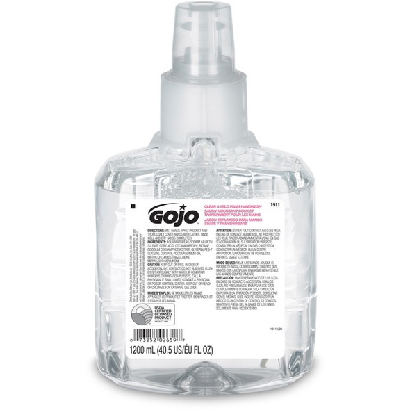 Gojo&reg; LTX-12 Clear Mild Foam Handwash Refill - 40.6 fl oz (1200 mL) - Hand, Skin - Moisturizing - Clear - Fragrance-free, Dye-free, Bio-based, Rich Lather, Eco-friendly - 1 Each