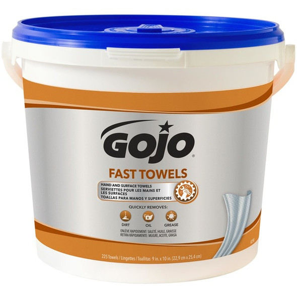 Gojo&reg; Fast Towels Hand/Surface Cleaner - 9" x 10" - White - Non-irritating, Pre-moistened, Disposable - For Hand - 225 Per Canister - 1 Each