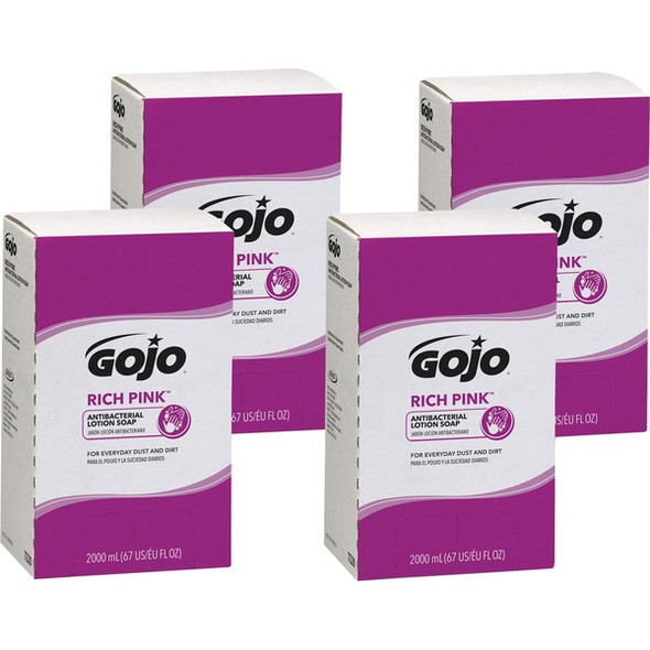 Gojo&reg; Rich Pink Antibacterial Lotion Soap Refill - 67.6 fl oz (2 L) - Soil Remover - Antibacterial - 4 / Carton