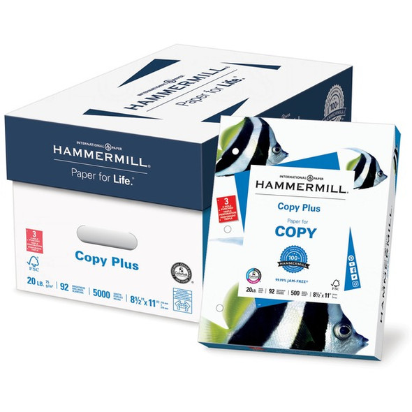 Hammermill Copy Plus 3HP Paper - White - 92 Brightness - Letter - 8 1/2" x 11" - 20 lb Basis Weight - 10 / Carton - Acid-free, Pre-punched, Quick Drying - White