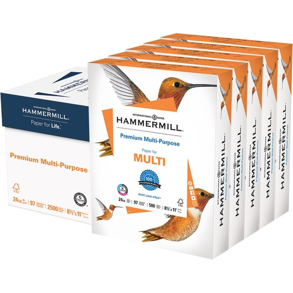 Hammermill Premium Multipurpose Paper- 5 Ream - White - 97 Brightness - Letter - 8 1/2" x 11" - 24 lb Basis Weight - 2500 / Carton - FSC - Jam-free, Smear Resistant, Acid-free, Archival-safe, Quick Drying - White