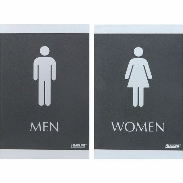 Headline Signs ADA MEN/WOMEN Restroom Sign - 1 Set - Men, Women Print/Message - 6" Width9" Depth - Rectangular Shape - Silver Print/Message Color - Adhesive Backing, Durable, Pictogram, Self-adhesive, Braille - Plastic - Black, Gray