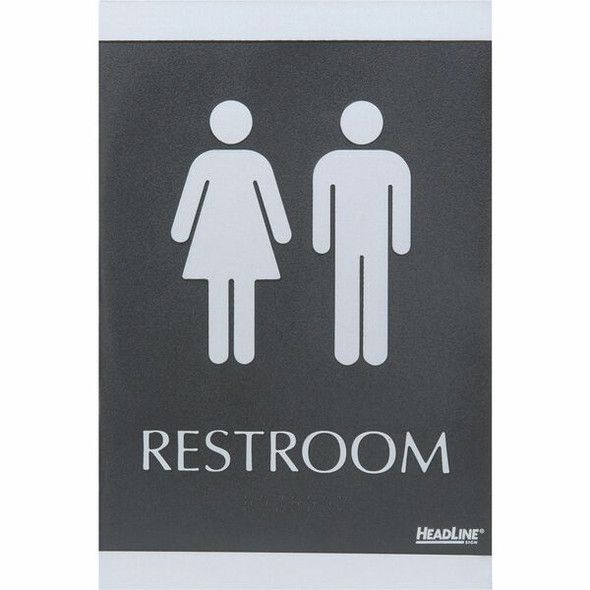 Headline Signs ADA RESTROOM Sign - 1 Each - Restroom Print/Message - 6" Width9" Depth - Rectangular Shape - Silver Print/Message Color - Adhesive Backing, Durable, Pictogram, Self-adhesive, Braille - Plastic - Black, Gray