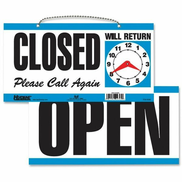 Headline Signs OPEN/CLOSED 2-sided Sign - 1 Each - Open/Closed/Please Call Again/Will Return Print/Message - 11.5" Width6" Depth - Rectangular Shape - Yes - Customizable Time - Plastic - White, Blue
