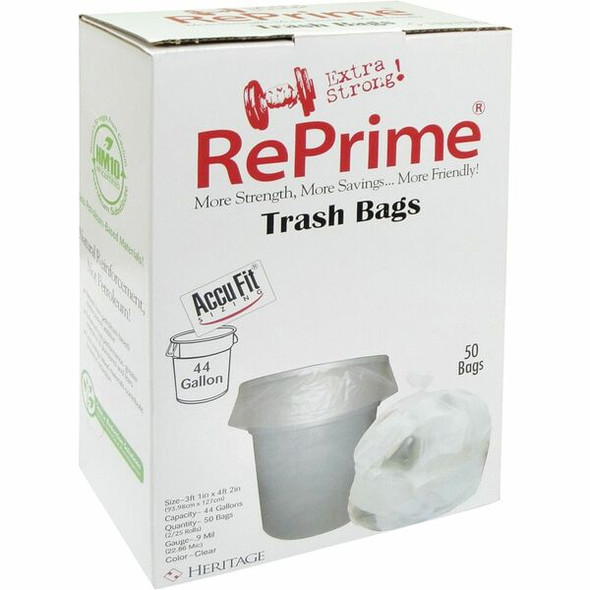 Heritage RePrime AccuFit 44-gal Can Liners - 44 gal Capacity - 37" Width x 50" Length - 0.90 mil (23 Micron) Thickness - Low Density - Clear - Linear Low-Density Polyethylene (LLDPE) - 50/Box - Garbage