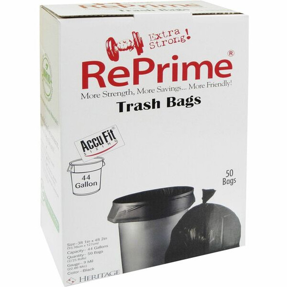 Heritage RePrime AccuFit 44-gal Can Liners - 44 gal Capacity - 37" Width x 50" Length - 0.90 mil (23 Micron) Thickness - Low Density - Black - Linear Low-Density Polyethylene (LLDPE) - 50/Box - Garbage