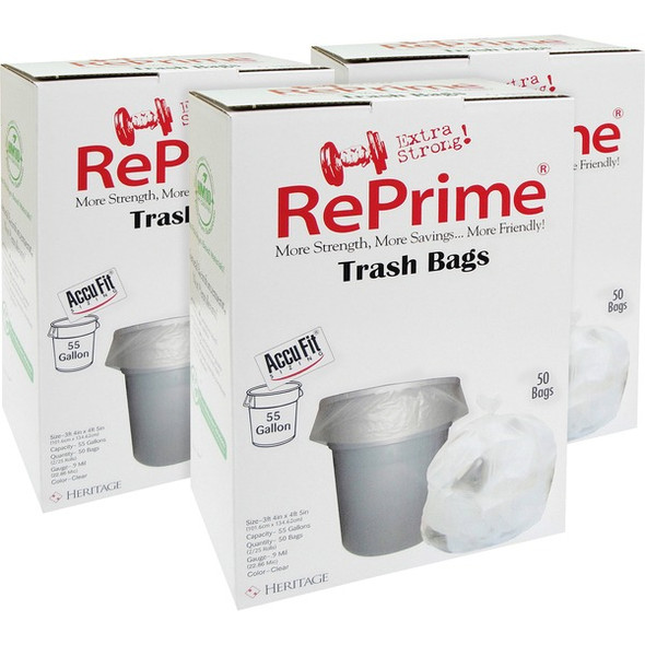 Heritage Accufit RePrime Can Liners - 55 gal Capacity - 40" Width x 53" Length - 0.90 mil (23 Micron) Thickness - Low Density - Clear - Linear Low-Density Polyethylene (LLDPE) - 3/Carton - 50 Per Box - Garbage