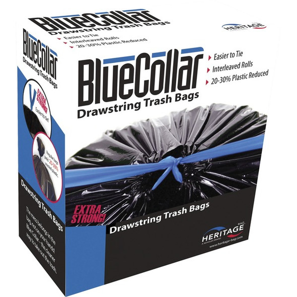 BlueCollar 30-gallon Drawstring Trash Bags - 30 gal Capacity - 30" Width x 34" Length - 1 mil (25 Micron) Thickness - Drawstring Closure - Black - 40/Box - Garbage