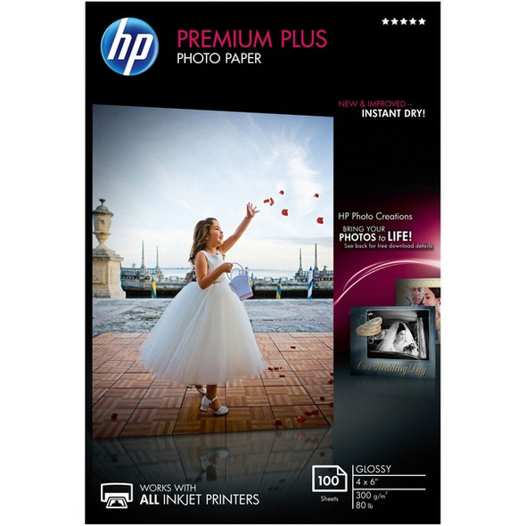HP Premium Plus 11.5 mil Photo Paper - 4" x 6" - 80 lb Basis Weight - Glossy - 1 / Pack - Smudge Proof, Water Resistant, Quick Drying - White