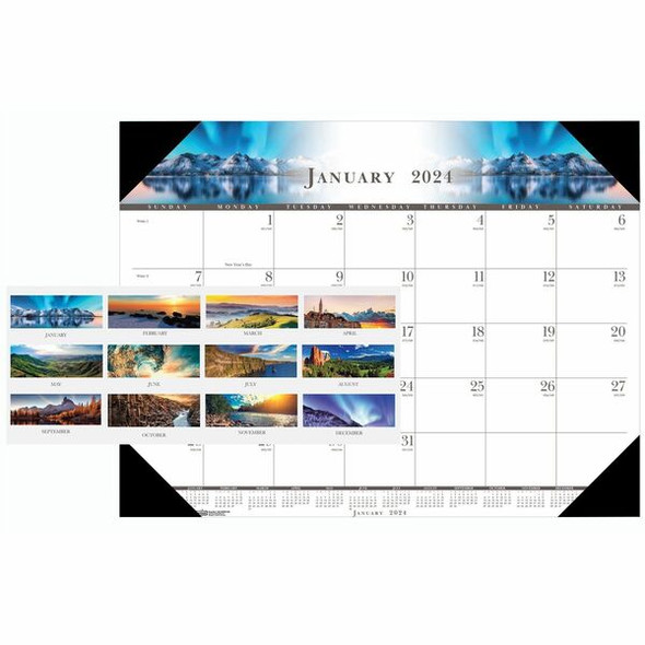 House of Doolittle Recycled Illustrated Desk Pad Calendar - Julian Dates - Monthly - January 2024 - December 2024 - 1 Month Single Page Layout - 22" x 17" Sheet Size - 2.38" x 2.88" Block - Desk Pad - White - Leatherette, Paper - 1 Each