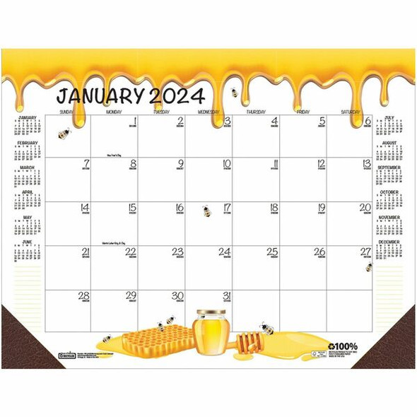 House of Doolittle Honeycomb Monthly Desk Pad Calendar - Julian Dates - Monthly - 12 Month - January 2024 - December 2024 - 22" x 17" Sheet Size - Desk Pad - Yellow - Reinforced Corner, Note Page - 1 Each