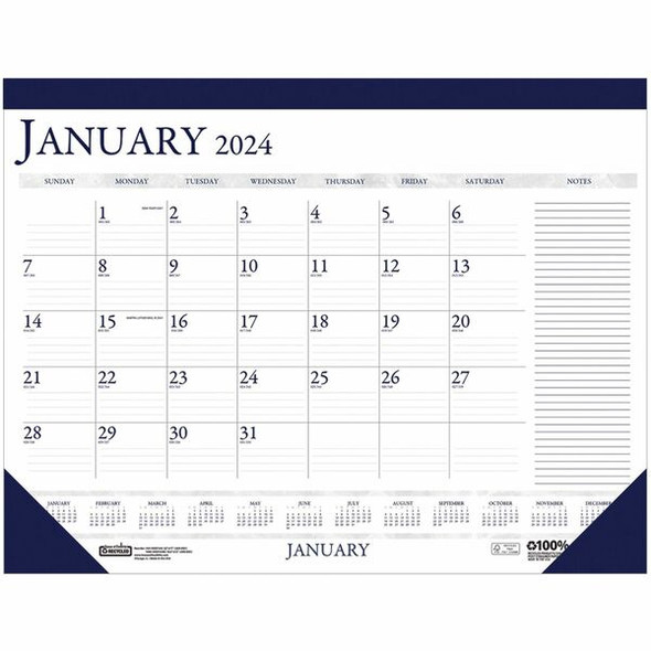 House of Doolittle Blue/Gray Print Monthly Desk Pad - Julian Dates - Monthly - 12 Month - January 2024 - December 2024 - 1 Month Single Page Layout - 22" x 17" Sheet Size - 2.37" x 1.87" Block - Desk Pad - Blue - Paper - 1 Each