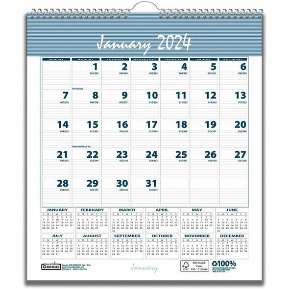 House of Doolittle Bar Harbor Monthly Wall Calendar - Julian Dates - Monthly - 12 Month - January 2024 - December 2024 - 1 Month Single Page Layout - 7" x 6" Sheet Size - Wire Bound - Wedgewood Blue - Reference Calendar, Hanger - 1 Each