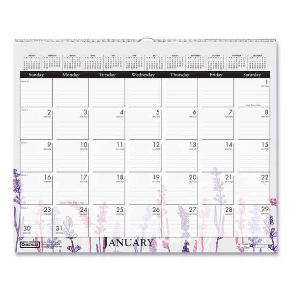 Recycled Wild Flower Wall Calendar, Wild Flowers Artwork, 15 x 12, White/Multicolor Sheets, 12-Month (Jan to Dec): 2024
