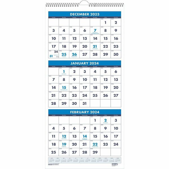 House of Doolittle Three-month Vertical Wall Calendar - Monthly - 14 Month - December 2023 - January 2025 - 3 Month Single Page Layout - 12 1/4" x 27" Sheet Size - Wire Bound - Blue - Paper - 26" Height x 12.3" Width - Eyelet - 1 Each