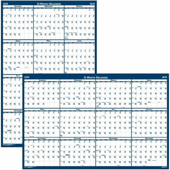 House of Doolittle Recycled Laminated Reversible Planner - Professional - Julian Dates - Yearly - 12 Month - January 2024 - December 2024 - 24" x 37" Blue/Gray Sheet - 1.25" x 1.63" , 1.38" Block - Blue, Gray - Paper - Laminated - 1 Each