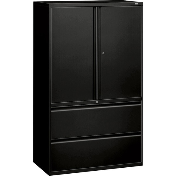 HON 800 Series Wide Lateral File with Storage Cabinet - 2-Drawer - 42" x 19.3" x 67" - 2 x Shelf(ves) - 2 x Drawer(s) for File - 2 x Side Open Door(s) - Legal, Letter - Lateral - Security Lock - Black - Steel - Recycled