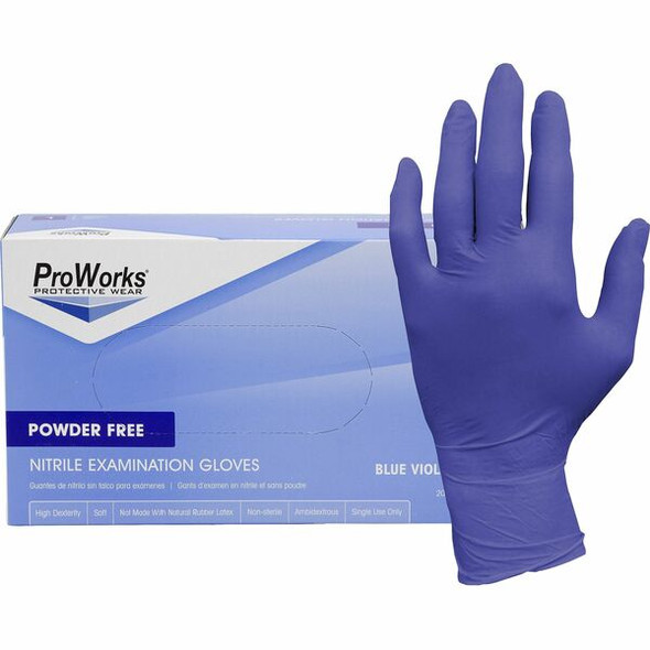 ProWorks Nitrile Exam Gloves - Medium Size - Nitrile - Blue Violet - Soft, Flexible, Comfortable, Latex-free, Non-sterile - For General Purpose, Industrial, Food Service, Gardening, Dental - 200 / Box - 3 mil Thickness - 9.50" Glove Length
