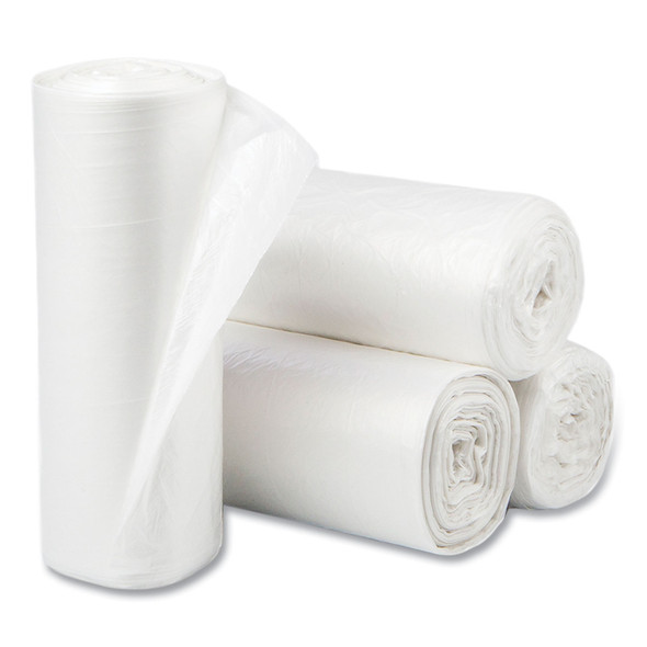 High-Density Commercial Can Liners, 60 gal, 12 mic, 38" x 60", Clear, 25 Bags/Roll, 8 Interleaved Rolls/Carton