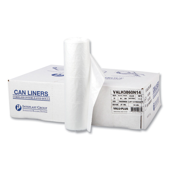 High-Density Commercial Can Liners Value Pack, 60 gal, 12 mic, 38" x 58", Clear, 25 Bags/Roll, 8 Interleaved Rolls/Carton