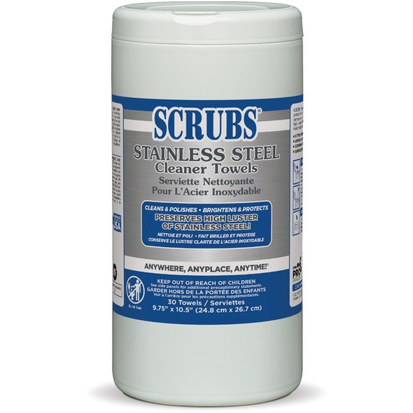 SCRUBS Stainless Steel Cleaner Wipes - For Stainless Steel, Aluminum, Chrome, Copper, Brass, Bathroom, Elevator, Kitchen - Citrus Scent - 10.50" Length x 9.75" Width - 30 / Canister - 1 Each - Corrosion Resistant - Yellow