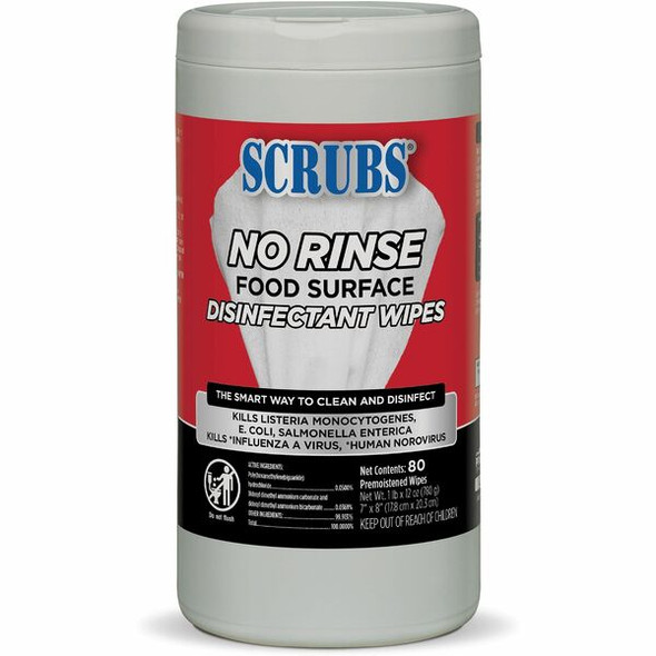 SCRUBS No Rinse Food Surface Disinfectant Wipes - Ready-To-Use - 8" Length x 7" Width - 80 - 1 Each - Red