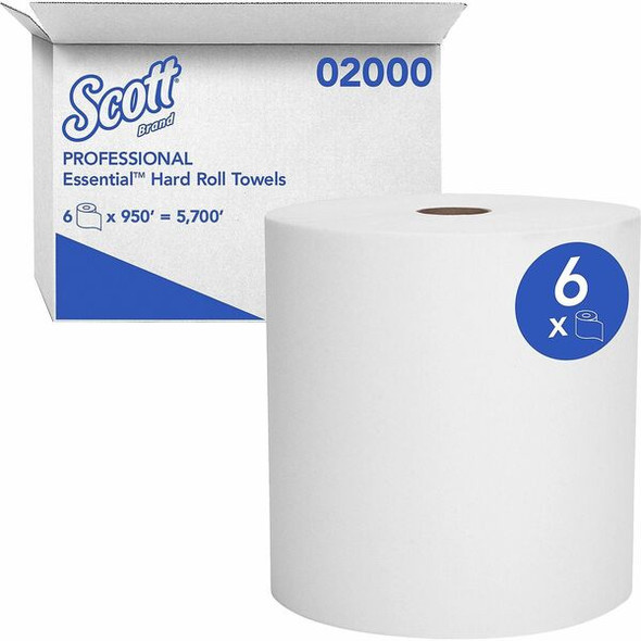 Scott Essential High-Capacity Hard Roll Towels - 1 Ply - 8" x 950 ft - White - Paper - Nonperforated, Absorbent, Non-chlorine Bleached, Unscented - For General Purpose - 6 / Carton