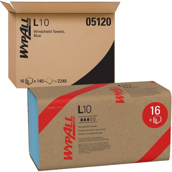 Wypall L10 Disposable Towels Windshield Wipe - 2 Ply - 9.30" x 10.25" - Blue - Versatile, Absorbent - For Windshield, Glass Cleaning - 140 Per Pack - 16 / Carton