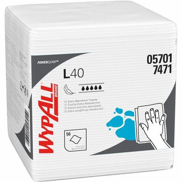Wypall PowerClean L40 Extra Absorbent Towels - For General Purpose - 12" Length x 12.50" Width - 56 / Pack - Soft, Absorbent - White