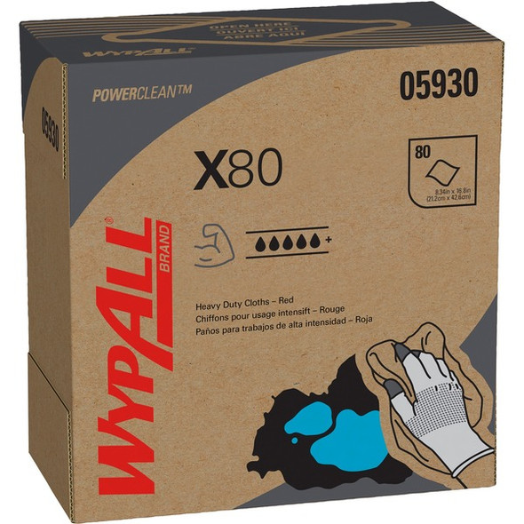 Wypall Power Clean X80 Heavy Duty Cloths - 16.80" Length x 8.34" Width - 80 / Box - 5 / Carton - Absorbent, Durable - Red
