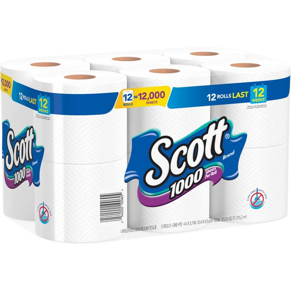 Scott 1000 1-ply 12Roll Bath Tissue - 1 Ply - 3.70" x 4.10" - 1000 Sheets/Roll - White - Absorbent - For Bathroom, Office Building, Public Facilities, School - 12 Each