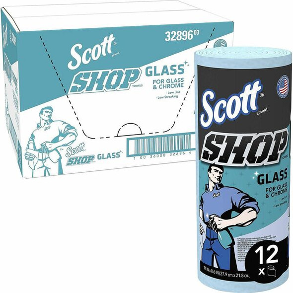 Scott Glass Cleaning Shop Towels - 90 Sheets/Roll - Blue - Low Linting, Absorbent, Perforated - For Glass Cleaning, Windshield, Window, Mirror - 1080 / Carton