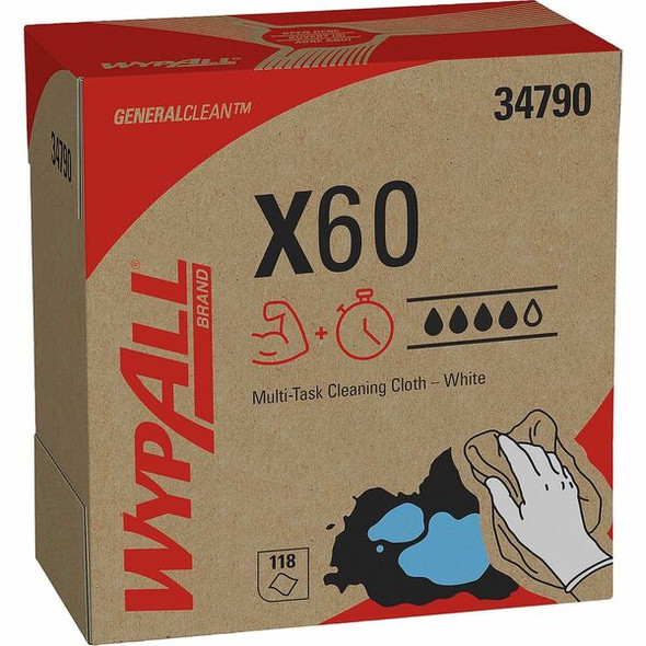 Wypall GeneralClean X60 Multi-Task Cleaning Cloths - Pop-Up Box - 8.34" x 16.80" - White - Hydroknit - Lightweight, Absorbent, Residue-free, Durable, Strong, Reinforced - For General Purpose - 118 / Box