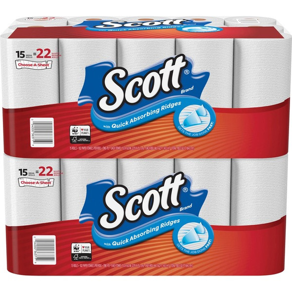 Scott Choose-A-Sheet Paper Towels - Mega Rolls - 1 Ply - 102 Sheets/Roll - White - Perforated, Absorbent, Durable - For Home, Office, School - 15 Rolls Per Pack - 2 / Carton